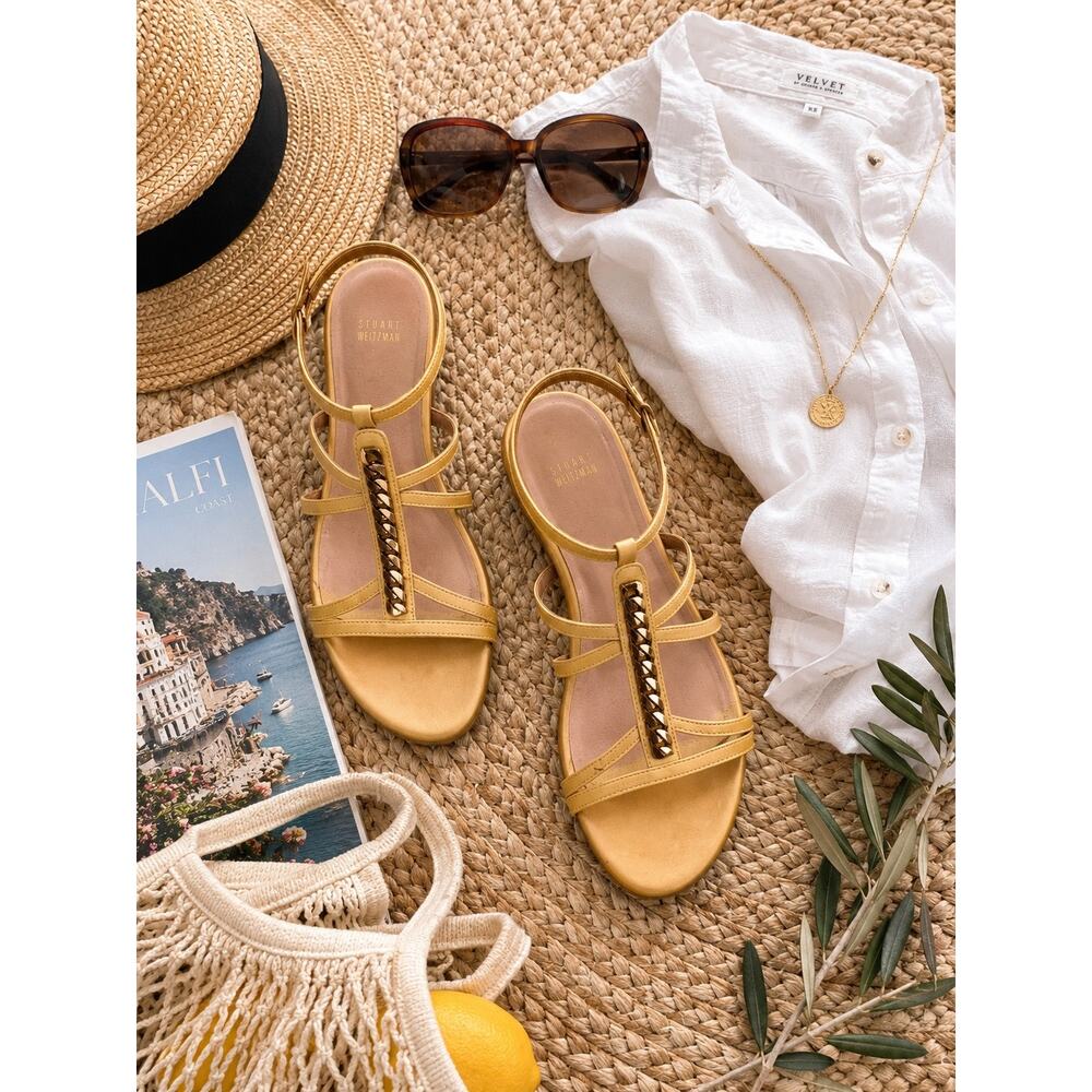 Stuart Weitzman Gold Chain T-Strap Leather Resort Sandals Size 8.5 Made in Spain - Picture 2 of 7